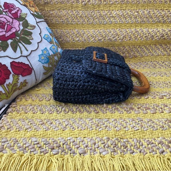 Vintage 50s Raffia HandBag Wooden Handle - Picture 3 of 7